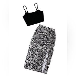 SHEIN | Floral Ruched Slit Skirt & Crop Top Set | Matching Summer Outfit